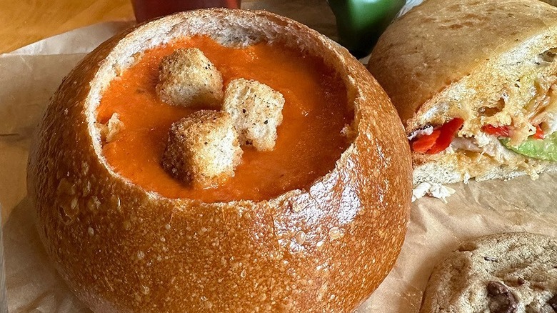 tomato soup in a Panera bread bowl