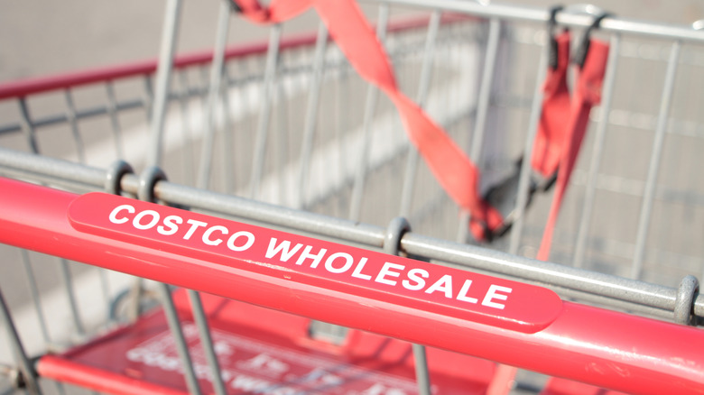 Closeup on the red handle of a Costco shopping cart