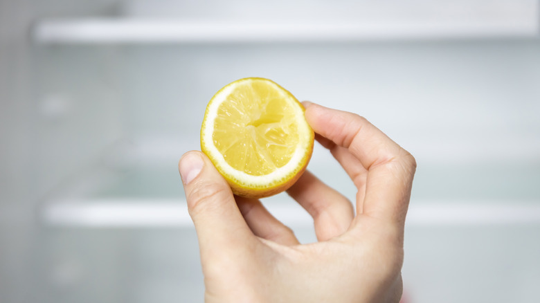 Hand holding half lemon