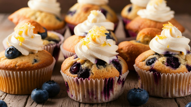 rows of blueberry lemon cupcakes