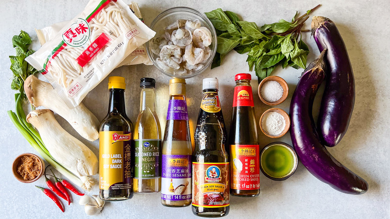 Ingredients for shrimp and eggplant stir-fry