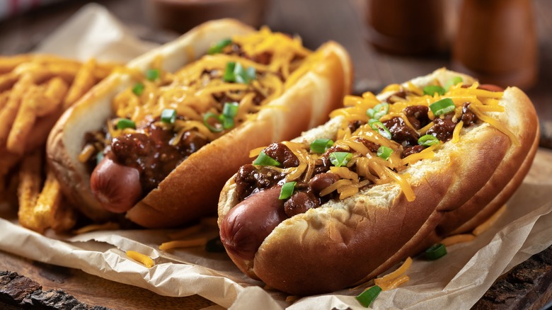 Two chili hot dogs