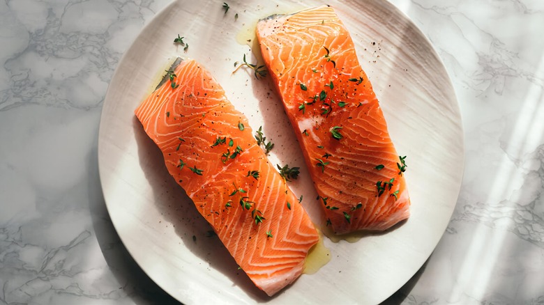 two salmon fillets on plate