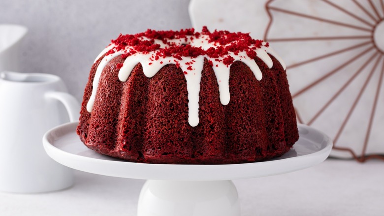 A red velvet Bundt cake on a platter