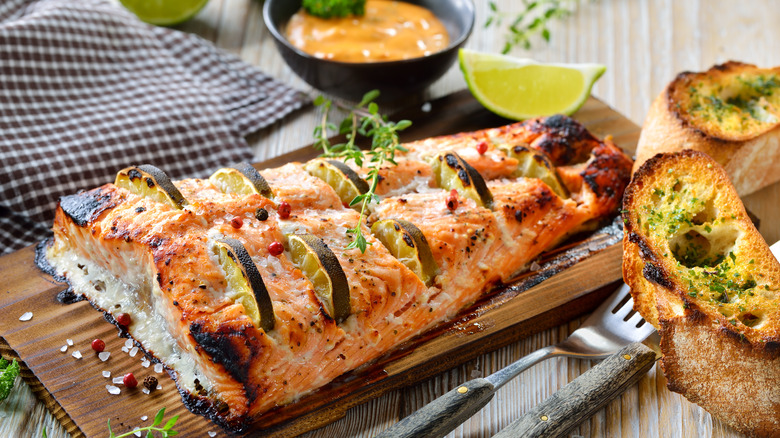 served plank grilled salmon