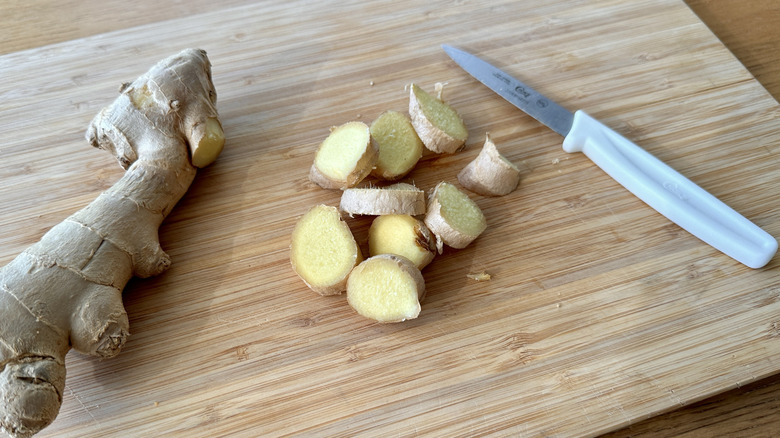 Fresh ginger on cutting board