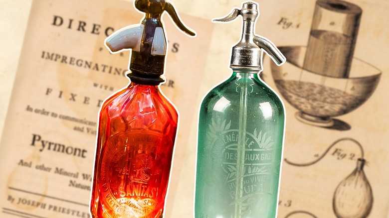 Old seltzer bottles and book pages