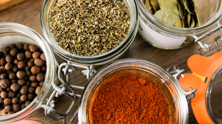 Dried spices and herbs jars