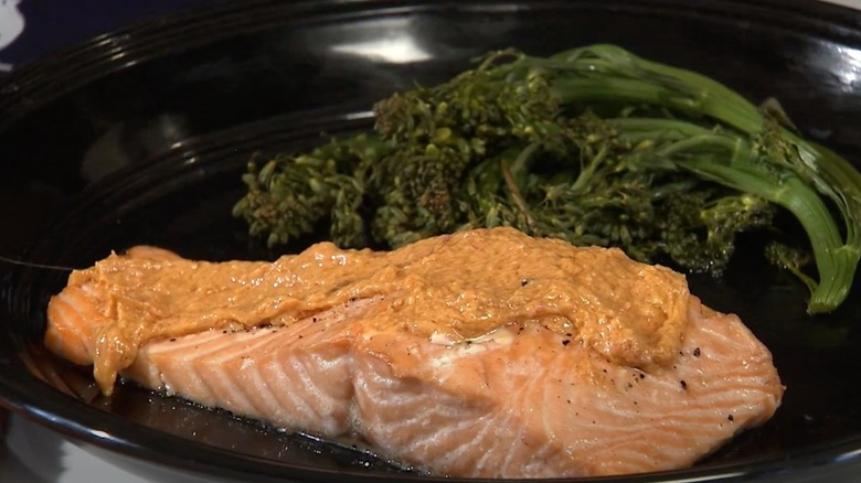 Peanut butter atop baked salmon