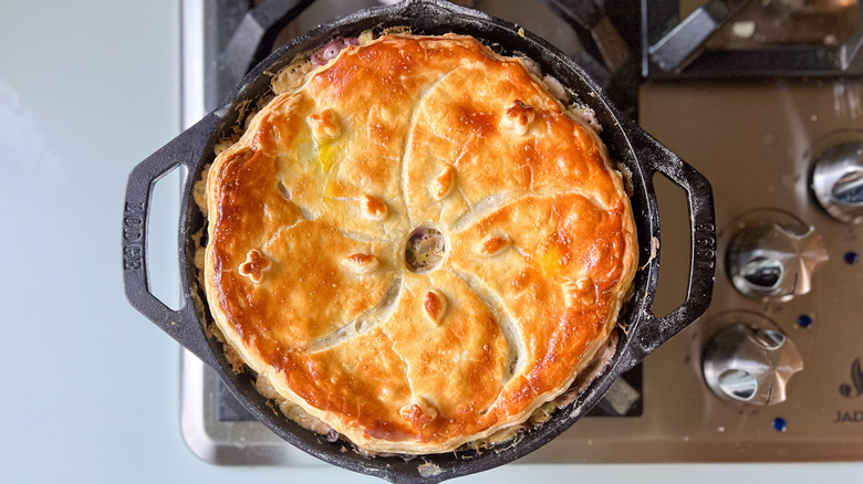 Springy vegetarian pot pie in cast iron skillet on stove top