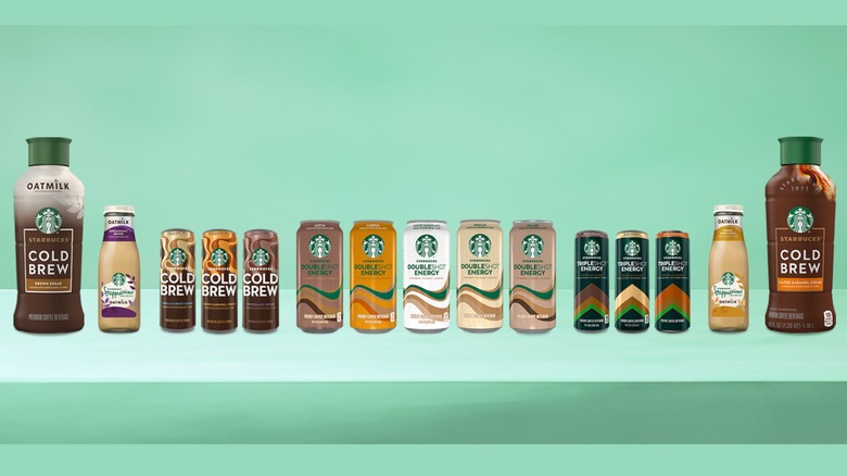 New Starbucks ready-to-drink beverages on a light green background.
