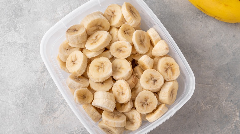 Banana slices in plastic container