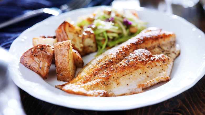 Baked fish with potatoes and salad on a plate