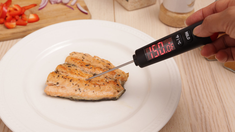 Checking temperature of cooked piece of fish with digital thermometer