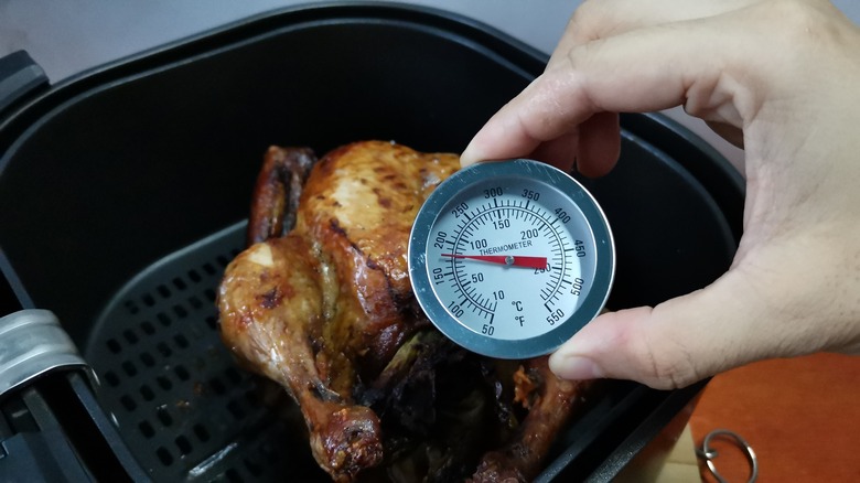meat thermometer checking chicken temperature