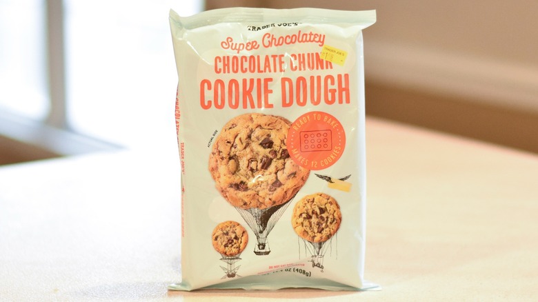 A package of Trader Joe's super chocolate chocolate chunk cookie dough on a white countertop