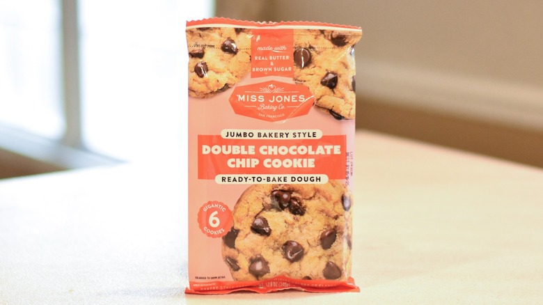 A package of Miss Jones double chocolate chip cookie dough