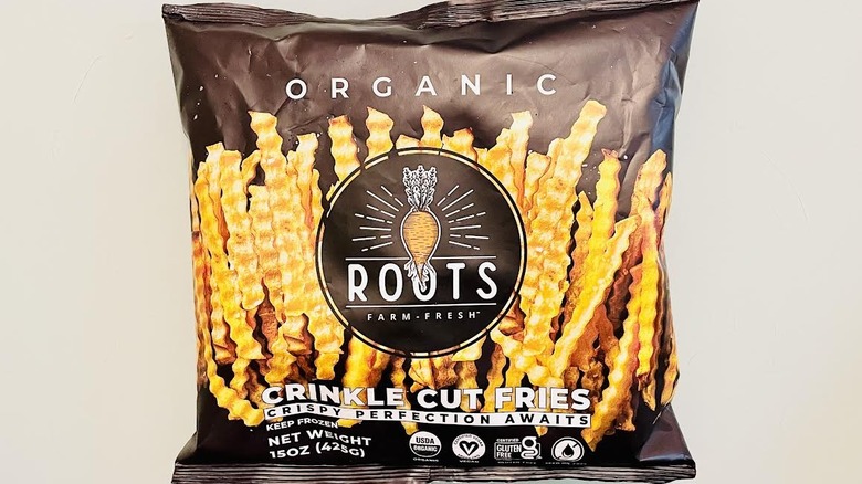 Bag of frozen Roots Organic Farm Fresh Crinkle Cut Fries