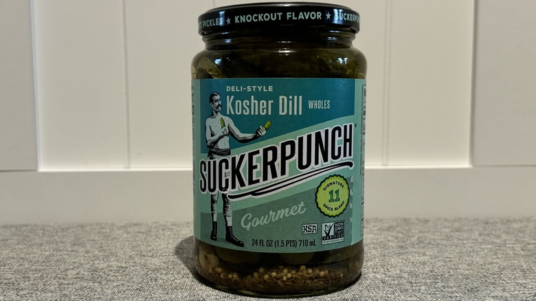 A jar of Deli-Style Kosher Dill Suckerpunch Pickles