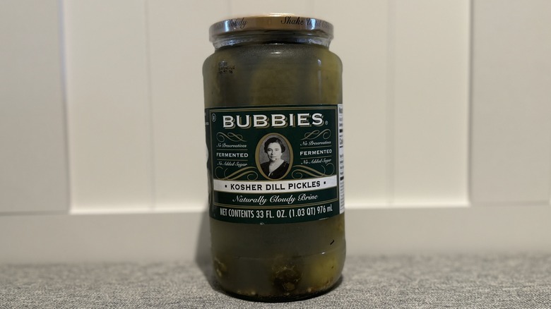 A jar of Bubbies Kosher Dill Pickles