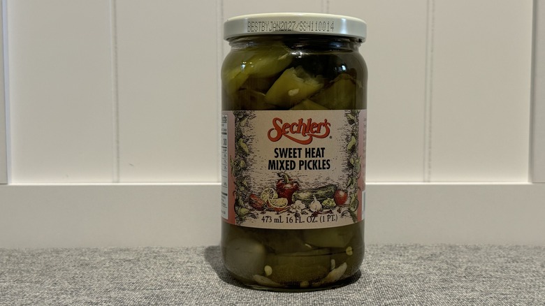 A jar of Sechler's Sweet Heat Mixed Pickles