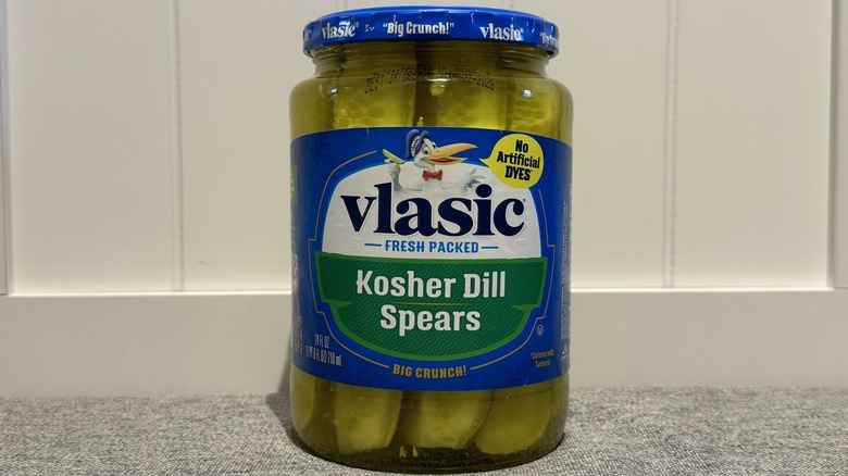 A jar of Vlasic Kosher Dill PIckle Spears