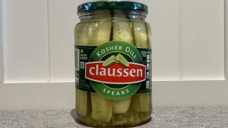 A jar of Claussen Kosher Dill Pickle Spears