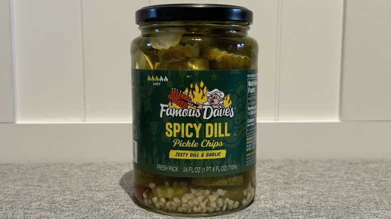 A jar of Famous Dave's Spicy Dill Pickle Chips