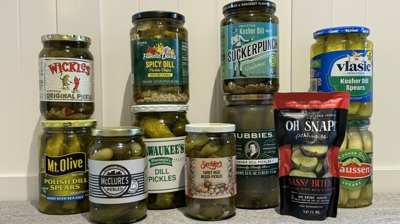 An assortment of store-bought pickle jars