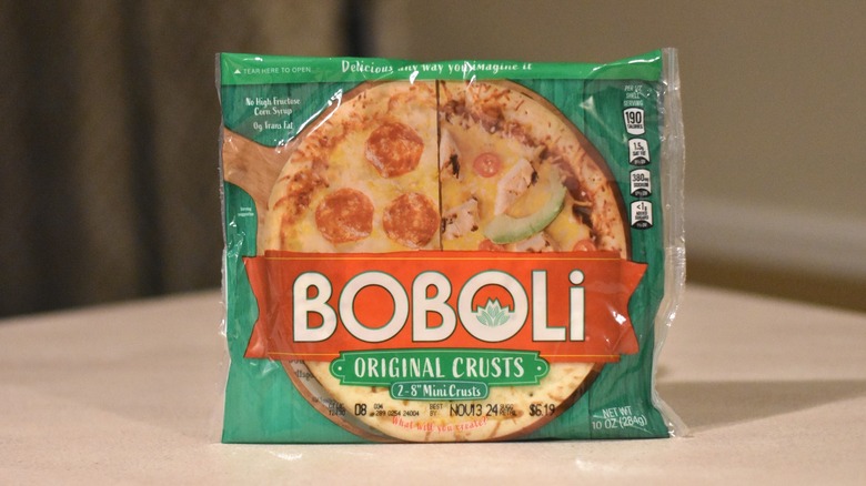 A package of Boboli original pizza crust on a counter