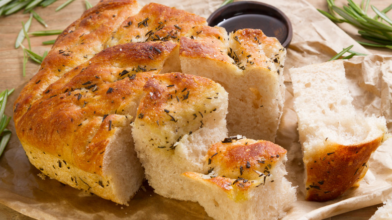 Sliced focaccia with oil