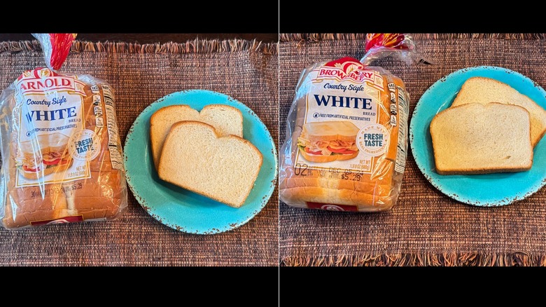 Loaf of Arnold (left) and Brownberry (right) Country-Style white bread and two slices on a blue plate