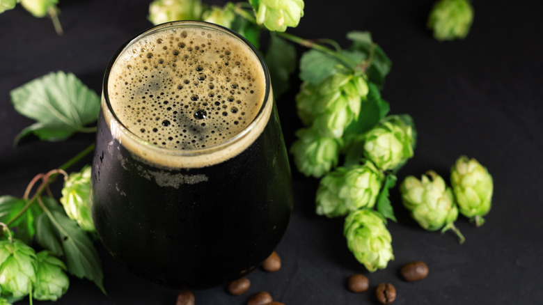 Stout beer and hops and coffee beans