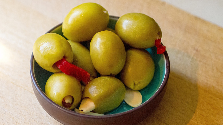 Pimento-stuffed olives in a bowl