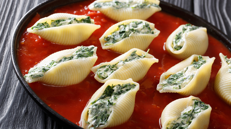Close-up of pasta shells filled with cheese