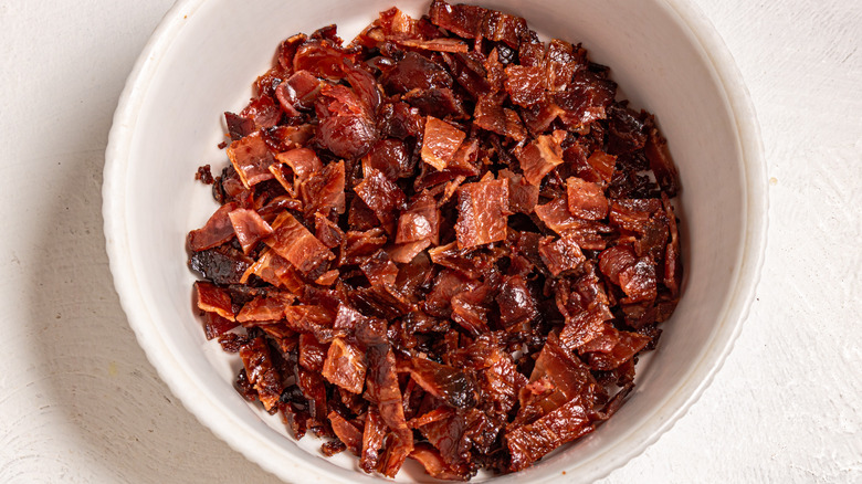 chopped bacon bits in bowl