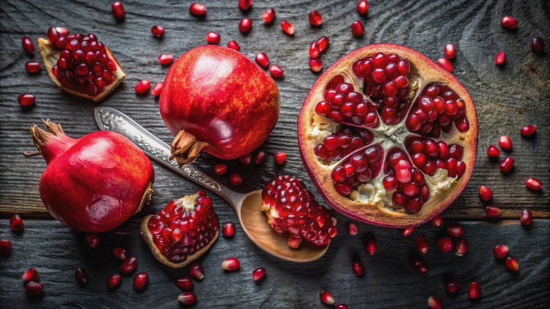 Whole and halved pomegranates