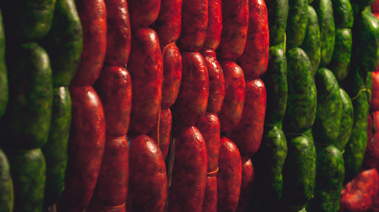 Mexican red and green chorizo in sausage casing