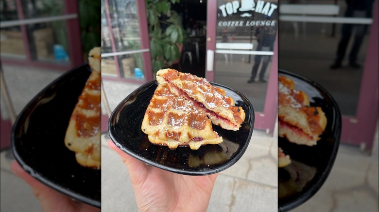 Platter of PB&J waffle sandwich