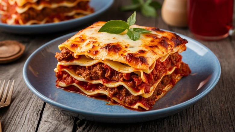 Serving of lasagna on plate