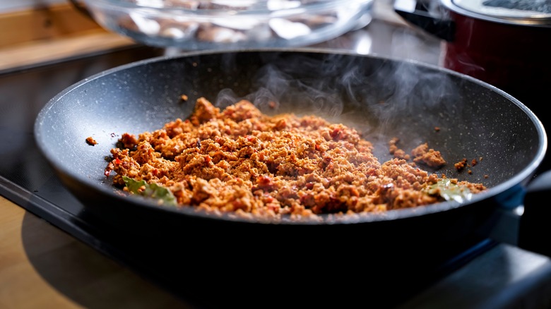 Vegan bolognese sauce in a skillet