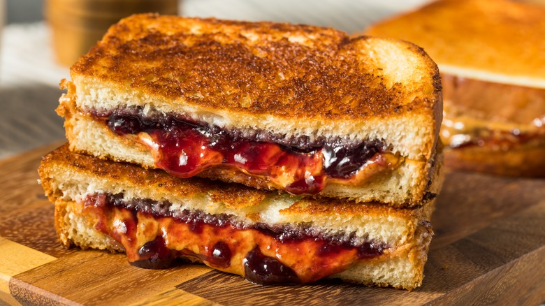 Grilled PB&J halves stacked