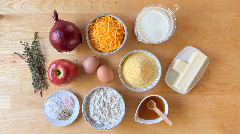 Sweet and savory upside down cornbread ingredients on countertop