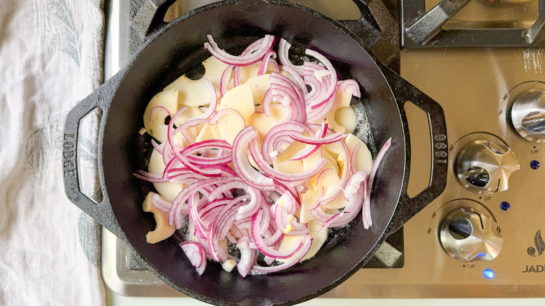 Apple and red onion slices in cast iron skillet on stovetop