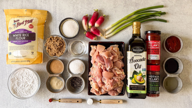 Sweet and spicy Korean fried popcorn chicken ingredients on countertop