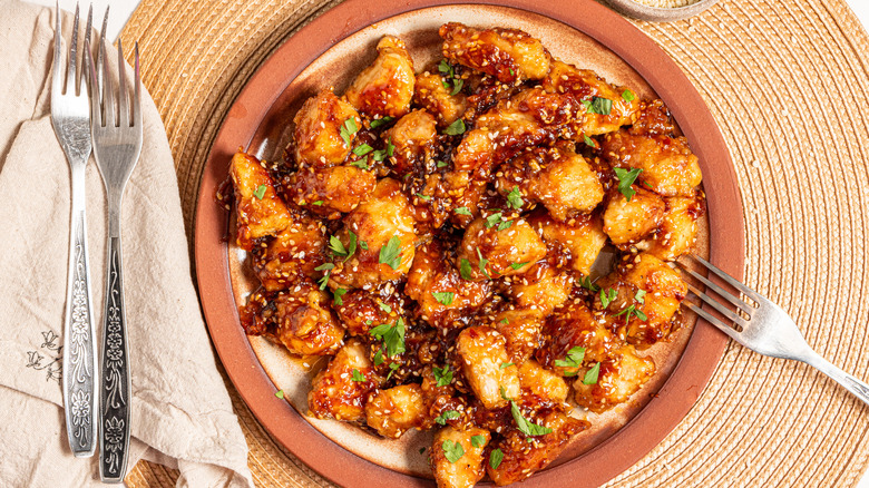 Plate with sweet and spicy sesame chicken