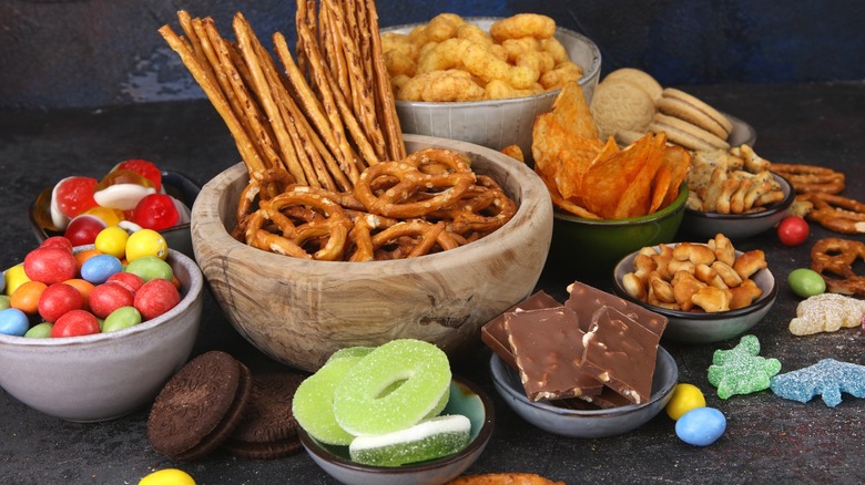 Mixed assortment of sweet and salty snacks