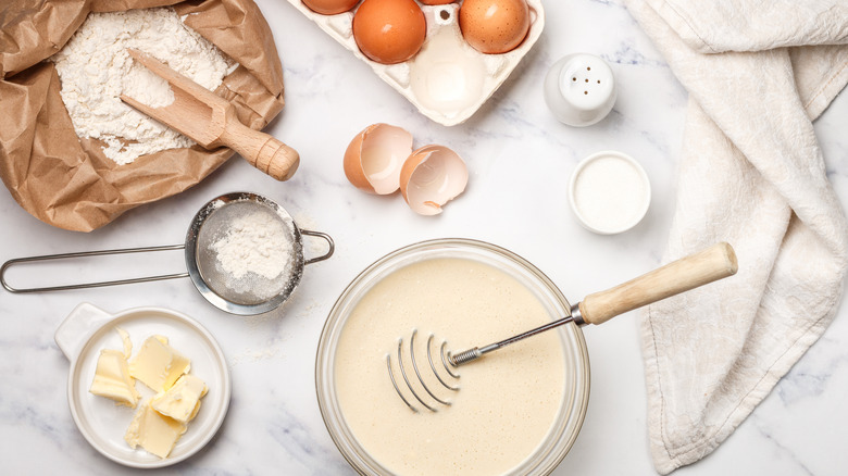 pancake ingredients in bowls