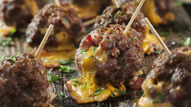 Bacon cheeseburger meatballs on sticks