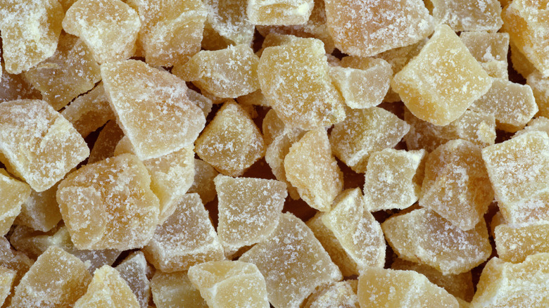 A heap of candied ginger is shown in closeup.